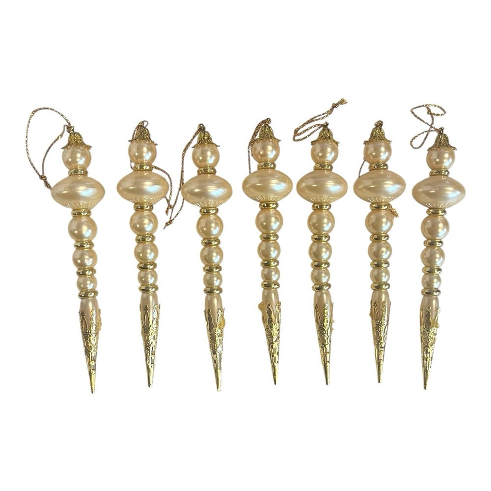 Vtg Set of 7 Gold Tone Faux Pearl Handmade Taiwan Christmas Ornaments  5 1/2 in